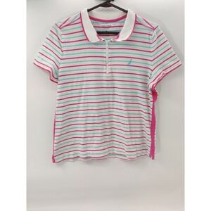 Nautica Women's Striped Polo Shirt Quarter Zip Short Sleeve XL‎ Pink Blue White
